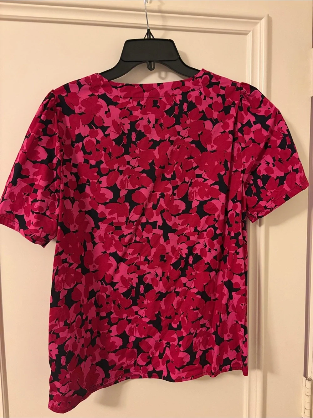 J. Crew Fuchsia and Black Floral Puff-Sleeve Blouse